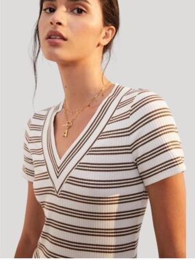 Daily Practice White & Brown Striped Ribbed V-Neck Tee | Large
